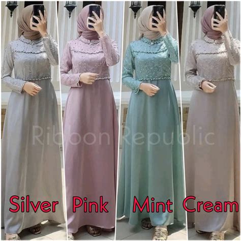 Jual Baju Dress Gamis Satin Lace Brukat Pakaian Muslim Wanita Lebaran