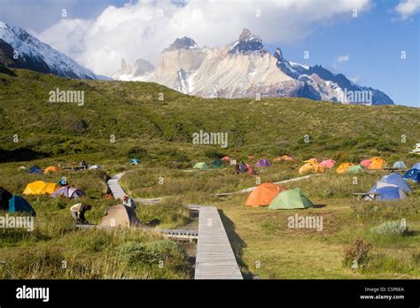 Camp Pehoe with Cuernos del Paine, Torres del Paine National Park, Chile, South America Stock ...