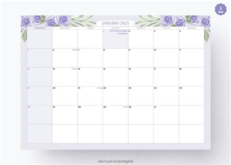 Planner Digital Mensal e Calendário 2025 A4 para Imprimir Elo7
