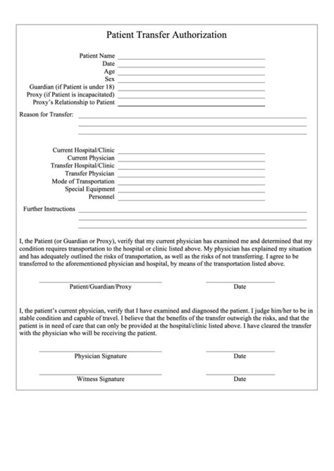 Patient Transfer Authorization Form Printable Pdf Download