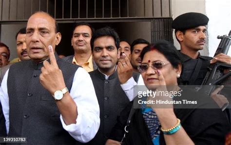 Senior BJP Leader Rajnath Singh with his wife and son Pankaj Singh ...