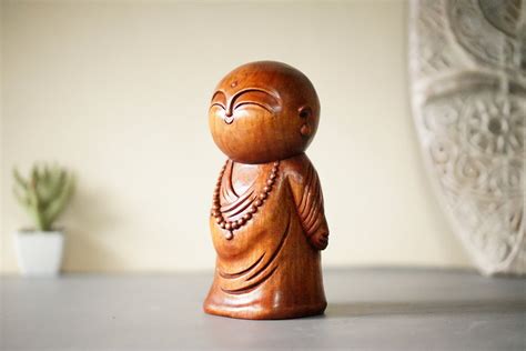 Unique Wooden Jizo Statue Japanese Buddha Sculpture Mothers Day Wood Figurine Meditation