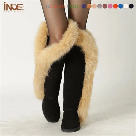 High Quality Real Genuine Leather Nature Fox Fur Fashion Thigh Tall Snow Boots For Women Long