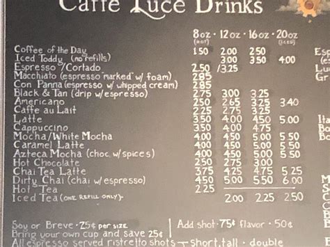 Menu at Caffe Luce cafe, Tucson, N Campbell Ave