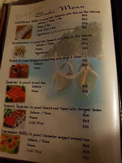 Menu at ZANZIBAR RESTAURANT COCKTAIL & SUSHIBAR, Amanzimtoti