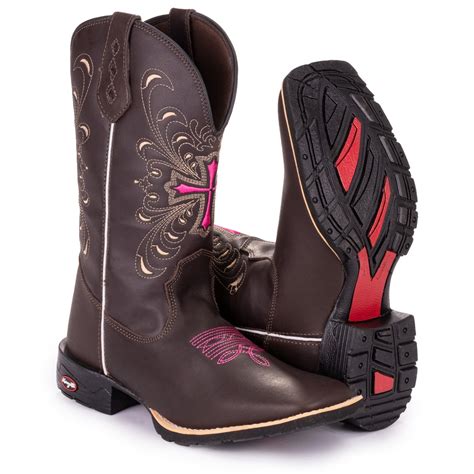 Bota Texana Feminina Country Bico Quadrado Em Couro Cruz Rosa