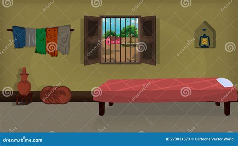 Village Room Inside Vector Poor Mud House Room Interior Cartoon