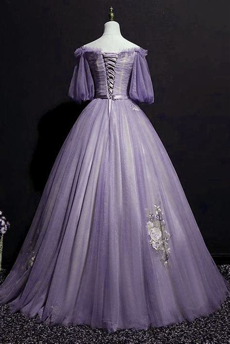 Charming Purple Short Sleeves Tulle Puffy Long Formal Dress, Lovely ...