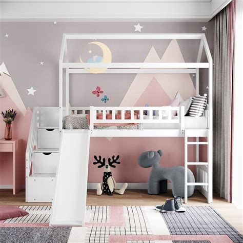 IGEMAN White Twin House Bed with Slide, Twin Loft Bed with 2 Drawers ...