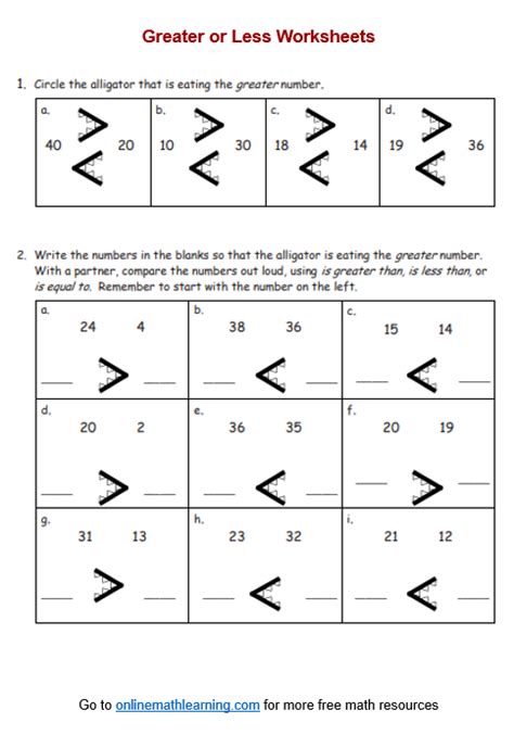 Greater Or Less Than Symbols Worksheets First Grade Printable Answers