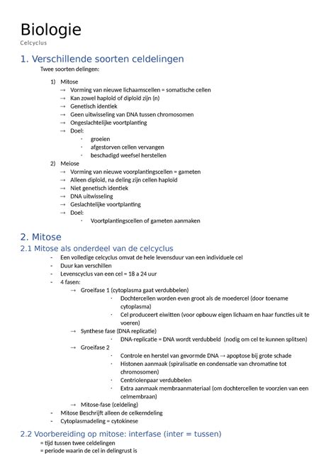 Biologie Samenvatting Celcylus Biologie Celcyclus 1 Verschillende