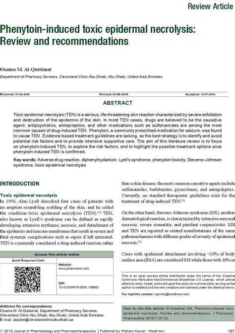 Phenytoin Induced Toxic Epidermal Necrolysis Review And