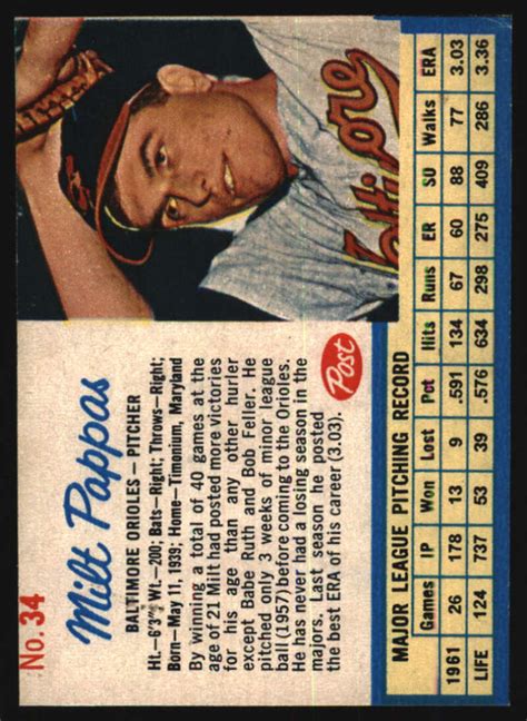 1962 Post Cereal 34 Milt Pappas VG VGEX Orioles 571808 EBay