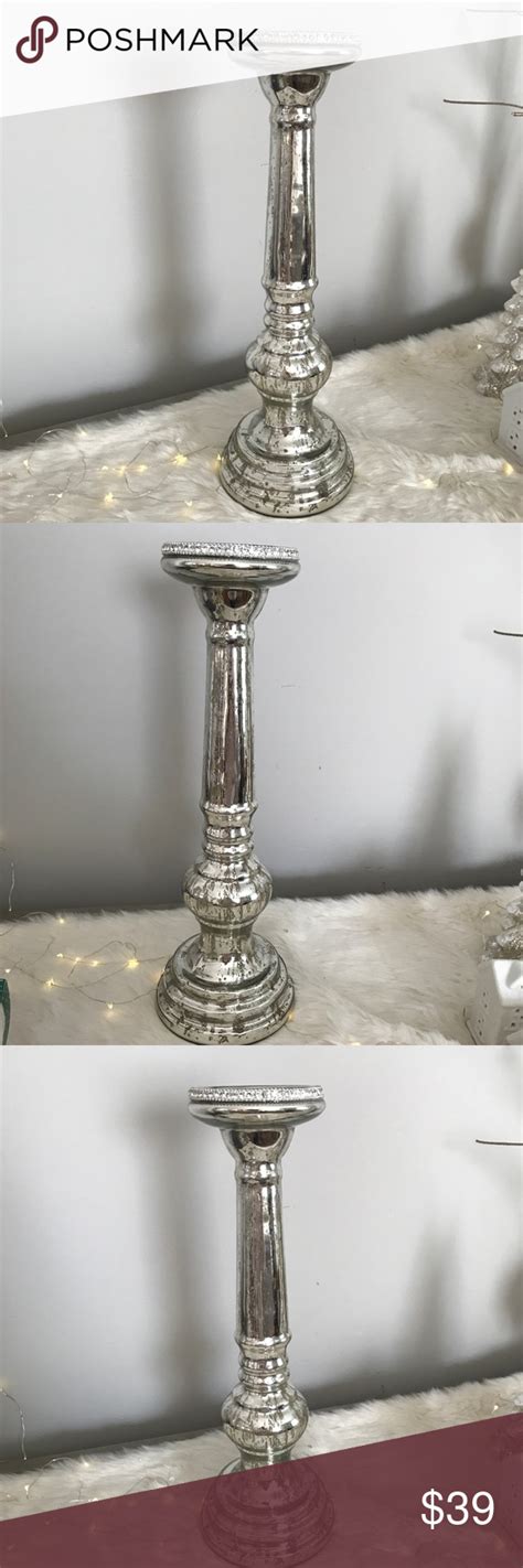 2 Mercury Glass Pillar Candle Holder Rhinestone Glass Pillar Candle