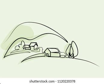 Continuous Line Drawing Landscape Village On Stock Vector Royalty Free