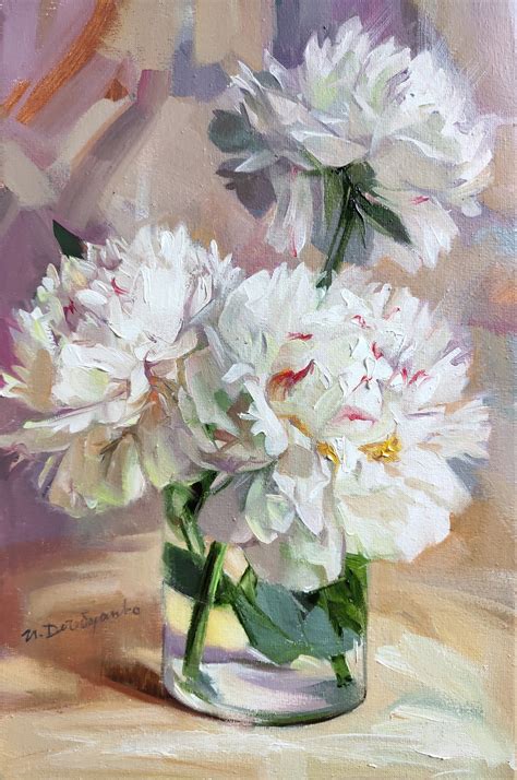 White Peony Art Painting Original, Flowers Oil Painting on Canvas, Purity Peony in Glass, Floral ...