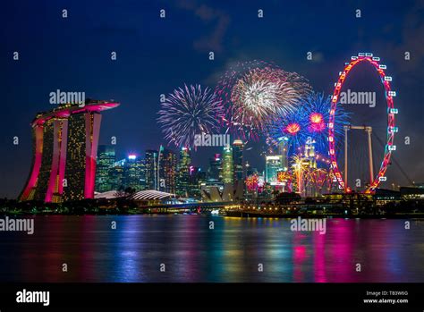 Night View Of Singapore With Firework Stock Photo Alamy