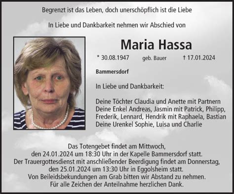 Maria Hassa Traueranzeige Trauer InFranken De