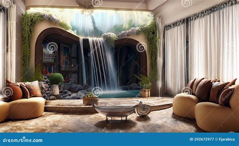 Waterfall living room stock illustration. Illustration of courtyard - 292672977