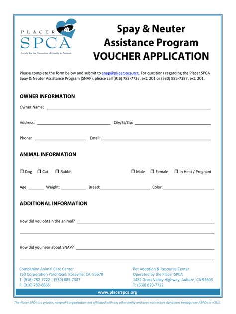 Placer Neuter Assistance Program Fill Online Printable Fillable