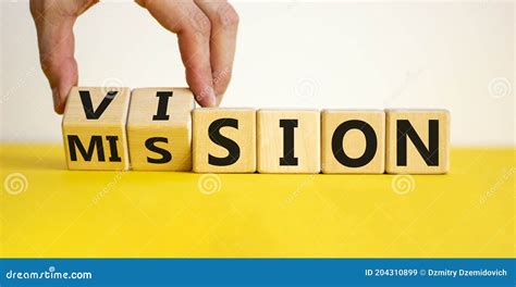 Mission Vision Symbol Businessman Hand Turns Wooden Cubes And Changes