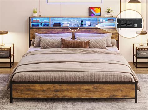 BTHFST LED King Bed Frame With Storage Headboard USB Ports Charging