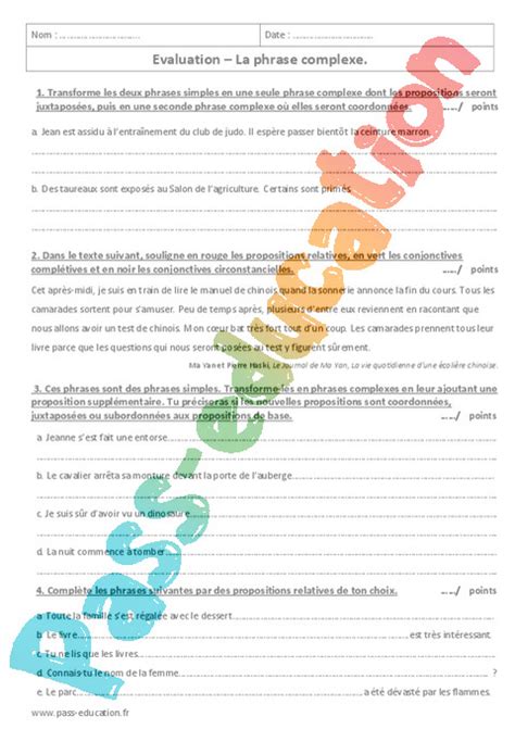 Evaluation Phrase Simple Et Complexe Me Bilan Et Controle Corrig