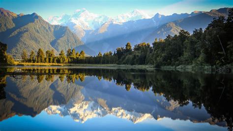 Mountains New Zealand Sky Mist Lake Trees Forest Sun Rays Water