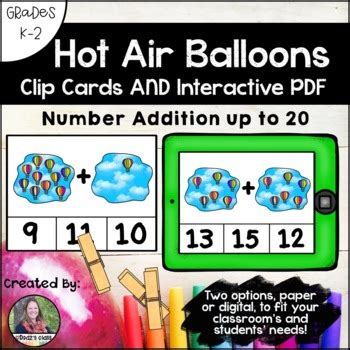 Counting And Addition Clip Cards AND Interactive PDF Game Hot Air Balloons