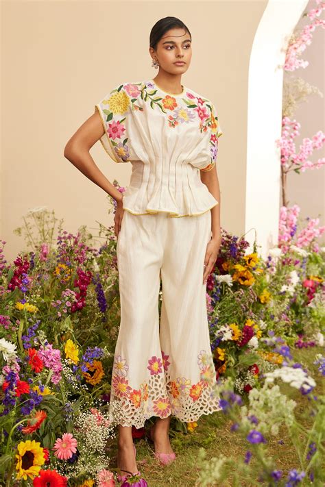 Buy Ivory Chanderi Patch Work Floral Round Neck Top For Women By