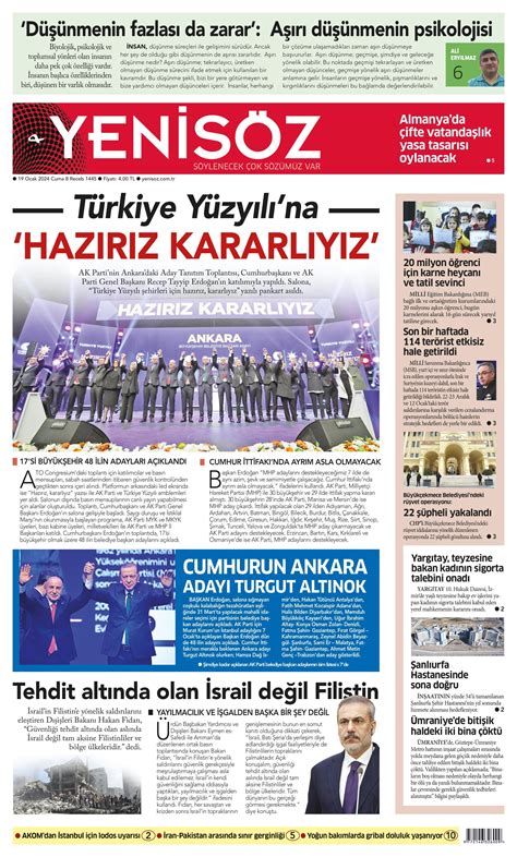 Yeni Söz Gazetesi 19 Ocak 2024 Cuma Günü Manşeti