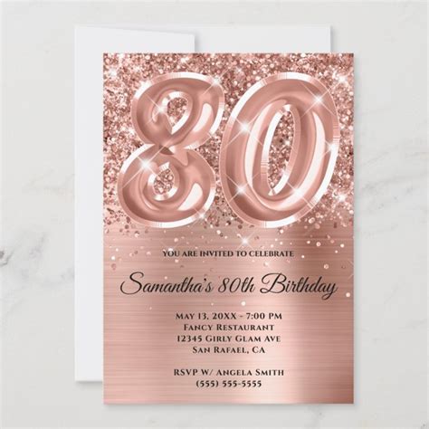 Sparkly Glittery Rose Gold Glam 80th Birthday Invitation