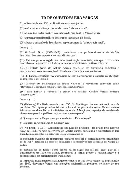 Questão Era Vargas - Questões sobre a Era Vargas | PDF | Brasil | Estado