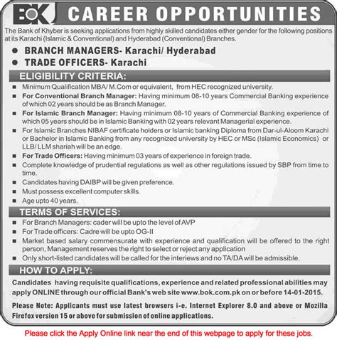 Bank Of Khyber Karachi Hyderabad Jobs 2015 Branch Manager Trade