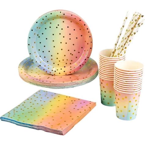 Lot De 125 Vaisselle Jetable Anniversaire Arc En Ciel Kit Vaisselles