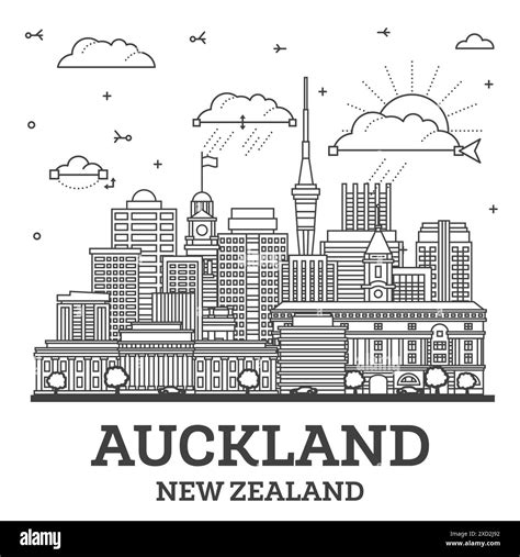 Outline Auckland New Zealand City Skyline With Modern And Historic