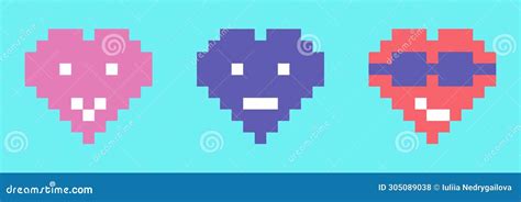 Set Of Colorful Hearts Emoticon Or Emoji In Pixel Art Style Vector