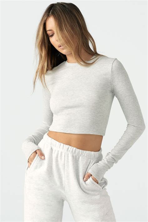 Cropped Crew Long Sleeve Black Rib Joah Brown Tennis Skirt Outfit Grey Long Sleeve Shirt