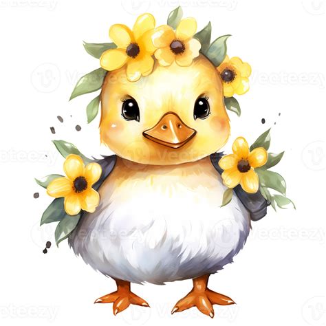 Ai Generated Cute Baby Duck With Flowers Watercolor Clipart