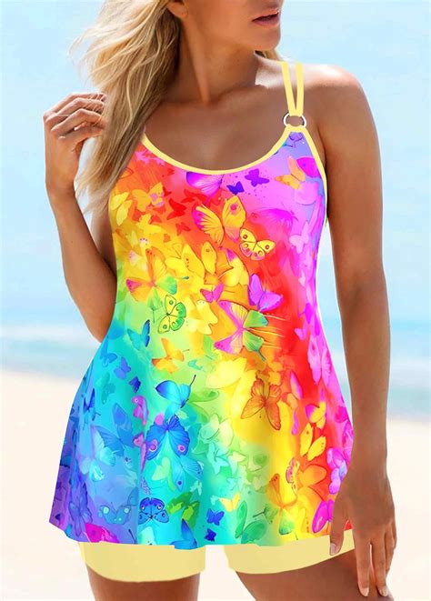 Butterfly Print Patchwork Multi Color Tankini Set Usd 33 98