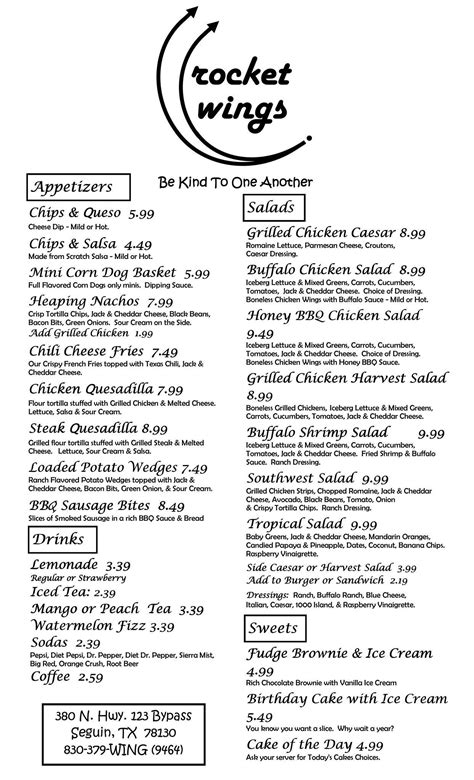 Menu At Rocket Wings Pub And Bar Seguin 380 N Hwy 123 Bypass