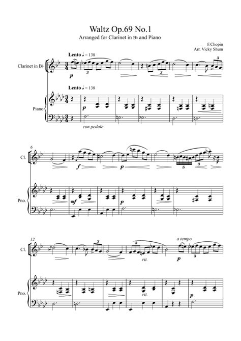 Chopin Waltz Op69 No1 For Clarinet In Bb And Piano Arr Vicky Shum Sheet Music Frederic