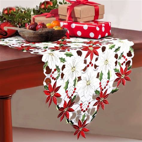 AUTOWT Camino De Mesa Bordado Manteles Rojos Elegantes Con Poinsettia