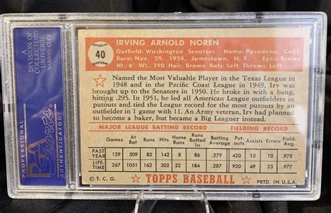 1952 Topps Irv Noren 40 PSA 6 EX MT Washington Senators Red Back EBay