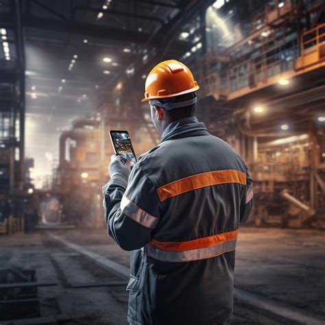 Premium Photo A Man In A Hard Hat Is Using A Cell Phone In A Factory