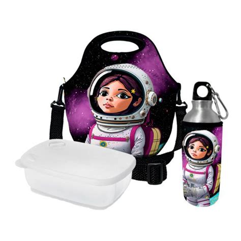 Kit Lancheira Squeeze Pote Marmita ISOPRENE Menina Astronauta