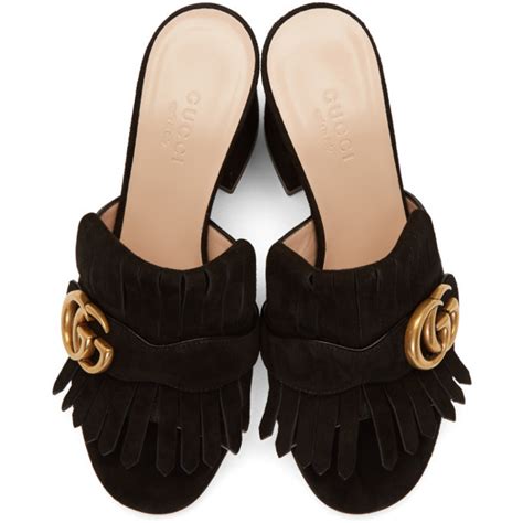 Gucci Black Suede Gg Marmont Fringed Mules Gucci