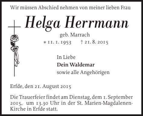 Traueranzeigen Von Helga Herrmann Sh Z Trauer