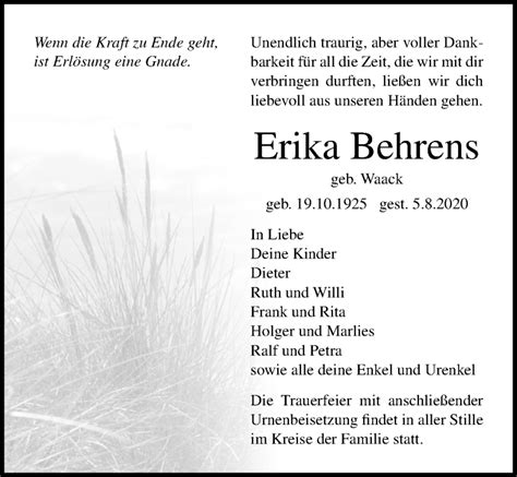 Traueranzeigen Von Erika Behrens Trauer Anzeigen De