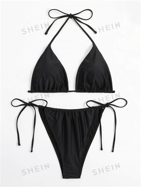 Shein Swim Curve Plus Set Bikini Unicolor Sujetador Tri Ngulo Halter